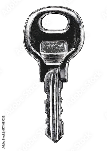 A shiny metal key with a rounded top is shown vertically upwards.