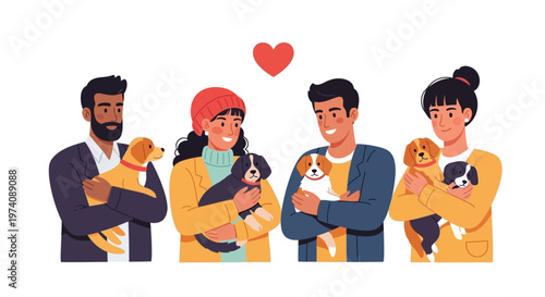 A cheerful group of people are depicted in a colorful vector illustration, each character lovingly holding an adopted animal on National Pet Adoption Day against a clean white background