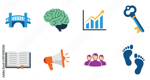Diverse collection of symbolic icons representing various concepts like connection, intellect, progress, solution, knowledge, communication, community, and journey for business and