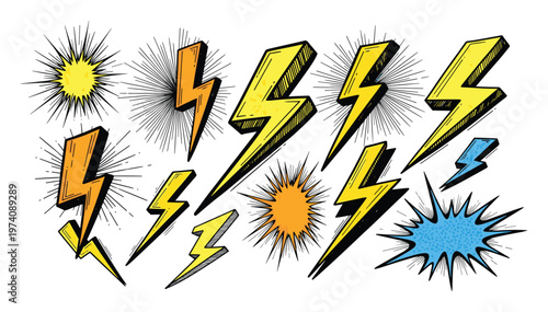 Hand drawn comic book style lightning bolts and starburst power symbols for energetic graphic design projects and impactful visual communication materials.