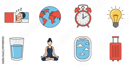 Curated collection of everyday life and travel icons including sleep, world, time, idea, water, mindfulness, flight view, and luggage, ideal for lifestyle and vacation related projects.