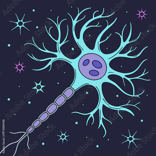 Neuron cell vector illustration, simple neuron vector drawing on a dark background, human nervous system cell, dendrite axon nucleus vector.