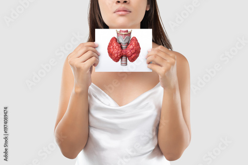 A young woman holds an image of the thyroid gland in front of her neck, representing thyroid cancer, symptoms, diagnosis, and possible complications in a clean minimal background. thyroid cancer. thyr