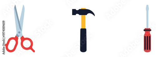A set of essential household tools including scissors a hammer and a screwdriver ideal for DIY projects repairs and various home improvement tasks