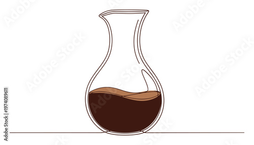 Minimalist continuous line drawing of a stylish glass decanter with coffee liquid, suitable for digital marketing materials and elegant drink presentations.