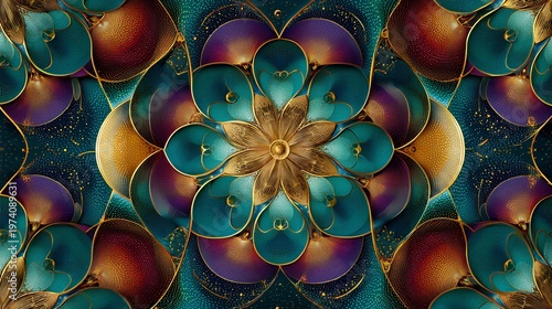Radiant Floral Symphony: An abstract, kaleidoscope-like composition of stylized flower with concentric petals, awash in a vibrant palette of teal, gold, and amethyst, creating a visual feast.