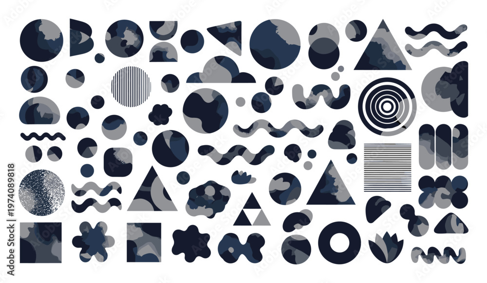 Fototapeta premium Variety of abstract geometric and organic shapes in layered blue and grey textures suitable for modern graphic design, contemporary digital layouts, and creative visual assets