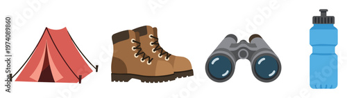 Essential camping and hiking gear collection for outdoor adventure and wilderness exploration including a tent boots binoculars and water bottle for nature enthusiasts
