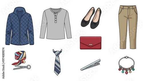 Mixed apparel and accessories set featuring jackets, shirts, pants, shoes, scarves, ties, bags, and jewelry for fashion lookbooks or wardrobe planning needs.