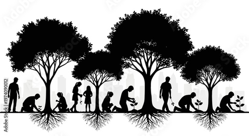 Human evolution and environmental growth silhouette.