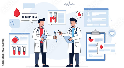 Two doctors in lab coats analyzing blood test results and data charts. Concept illustration for hematology medical research and hemophilia awareness with scientific graphics and blood drop icons.