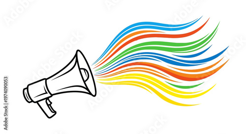 Megaphone with vibrant colorful sound waves spreading message.