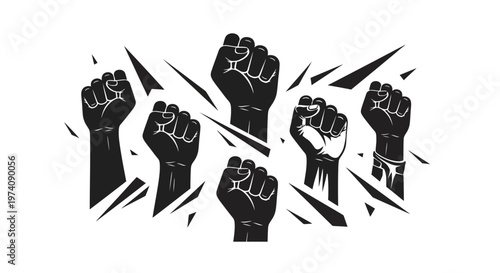Black and white illustration of raised clenched fists symbolizing protest and unity.