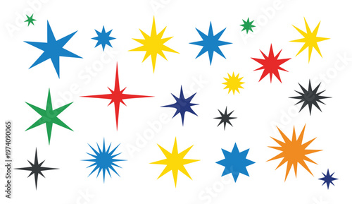 Vibrant multicolored starburst shapes and sparkling stars offer energetic graphic elements perfect for celebrations, playful party invitations, and dynamic decorative accents