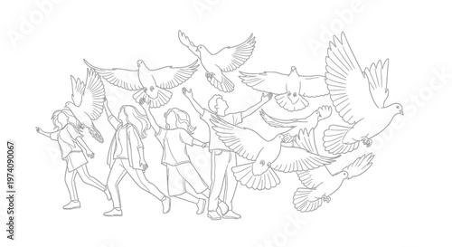 Group of young people interacting with flying birds in a hand drawn sketch style.