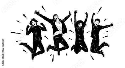 Group of Happy Young People Jumping in the Air Celebrating Success.
