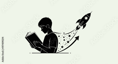 A silhouette of a young boy reading a book with a rocket launching from it.