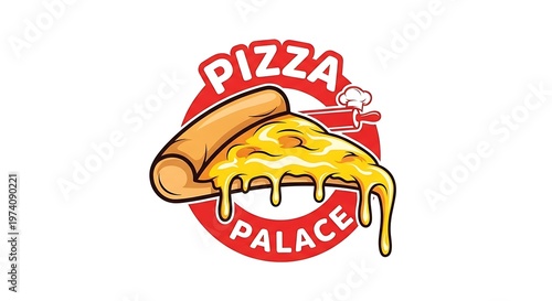 Modern Pizza Palace Badge Design with Melting Cheese Illustration