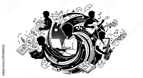 Creative concept of human silhouettes engaged in various intellectual and artistic pursuits.