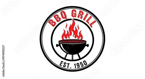 Vintage BBQ Grill Emblem Logo with Red Flame Vector Design