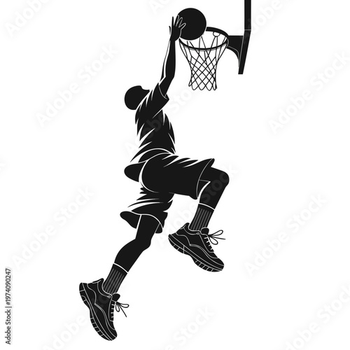 Basketball player dunking ball, sports illustration, athletic silhouette, black and white graphic