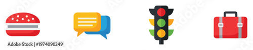 Flat design icon set featuring a delicious hamburger, interactive chat bubbles, a colorful traffic light, and a classic red suitcase for digital applications.