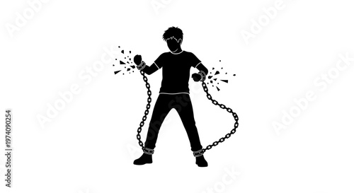 Silhouette of a man breaking free from metal chains.