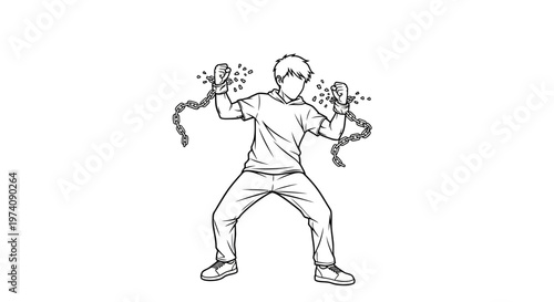 A young man breaking free from chains in a powerful pose.