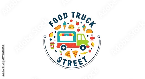 Modern Food Truck Street Logo Vector with Fast Food Icons