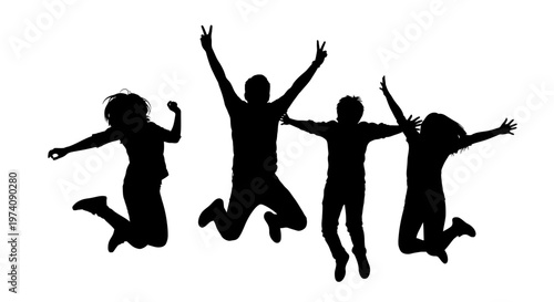 Group of happy young friends jumping together in silhouette.