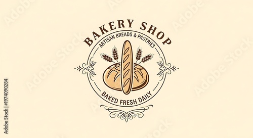 Vintage Bakery Shop Logo with Artisan Bread and Wheat Emblem