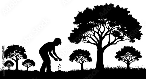 Silhouette of a person planting seeds in the ground.