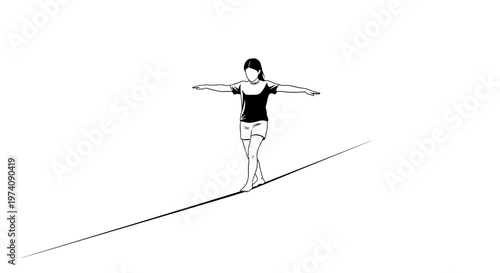 A black and white sketch of a woman balancing on a tightrope.
