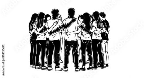 Diverse group of young people standing in a circle with arms around each other.