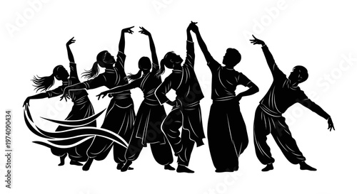 Silhouette of a group of dancers performing traditional Indian Bhangra dance.