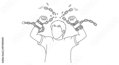 Line art illustration of a man breaking free from iron chains.