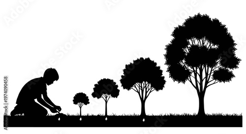 Silhouette of a person planting and the growth stages of a tree.