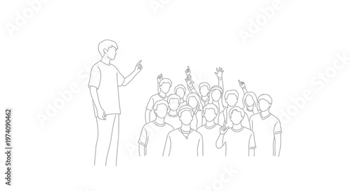 Continuous line drawing of a teacher giving a lecture to a group of students.