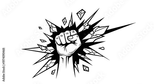 Black and white illustration of a human fist punching through a broken surface.