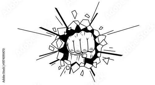 A powerful human fist punching through a wall illustration.