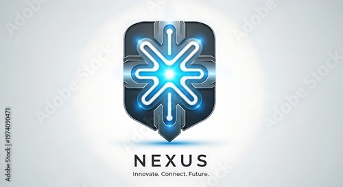 Futuristic Nexus Technology Logo with Glowing Blue Circuitry Shield