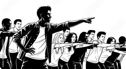 Group of diverse young people pointing in the same direction.