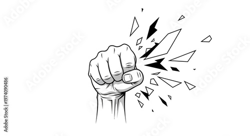 A black and white line art illustration of a clenched fist smashing through glass.