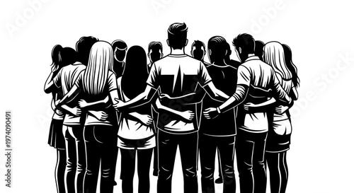 A diverse group of people standing in a circle with arms around each other.