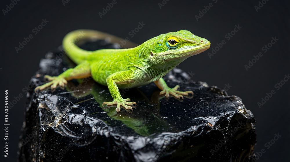 Fototapeta premium Vibrant green anole lizard perched on a dark reflective obsidian rock against a black background, highlighting intricate scale textures and bright colors.