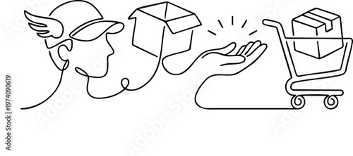 Fast Delivery Line Art Illustration – Courier, Package Shipping and Online Shopping Concept