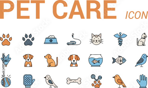 Pet care icons with various animals and objects