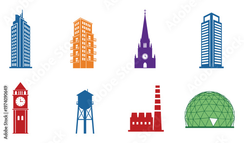 Diverse architectural building icons showcasing modern skyscrapers, traditional churches, industrial factories, and urban structures suitable for city planning and design projects