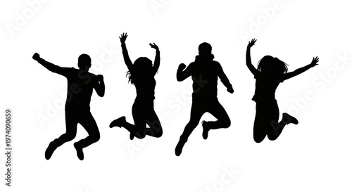 Silhouettes of four joyful people jumping in the air with excitement.