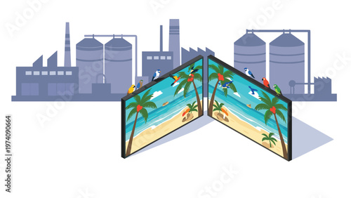 Pair of digital screens displaying a tropical beach scene with colorful birds perched on top against an industrial factory backdrop.
